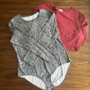 2 LuLaRoe Women's Nova Bodysuits Long Sleeve Gray Multi Print & Maroon Size 2XL